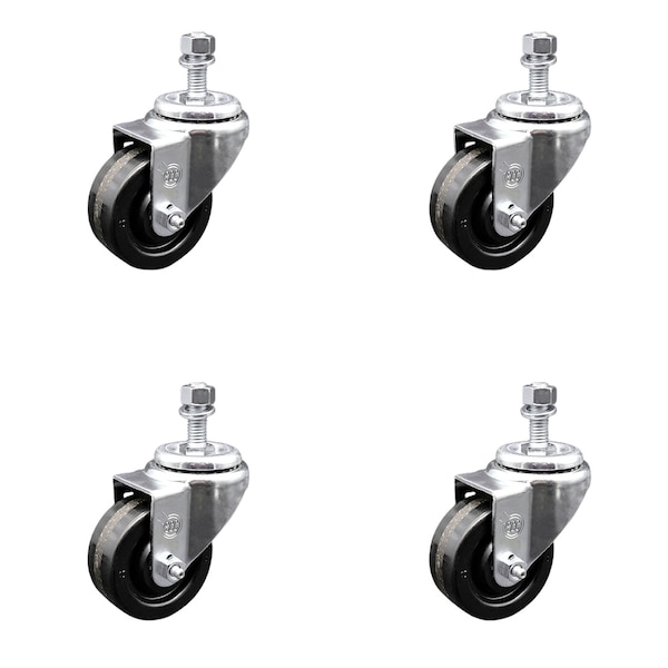 3.5 Inch SS Phenolic Wheel Swivel 12mm Threaded Stem Caster Set SCC